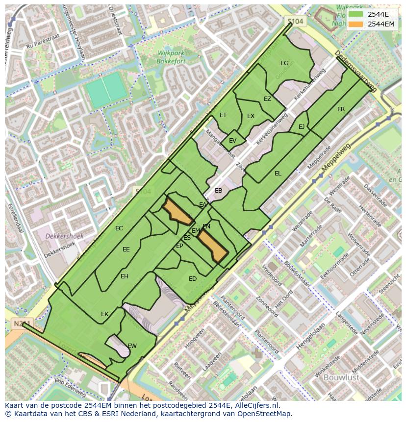 Afbeelding van het postcodegebied 2544 EM op de kaart.