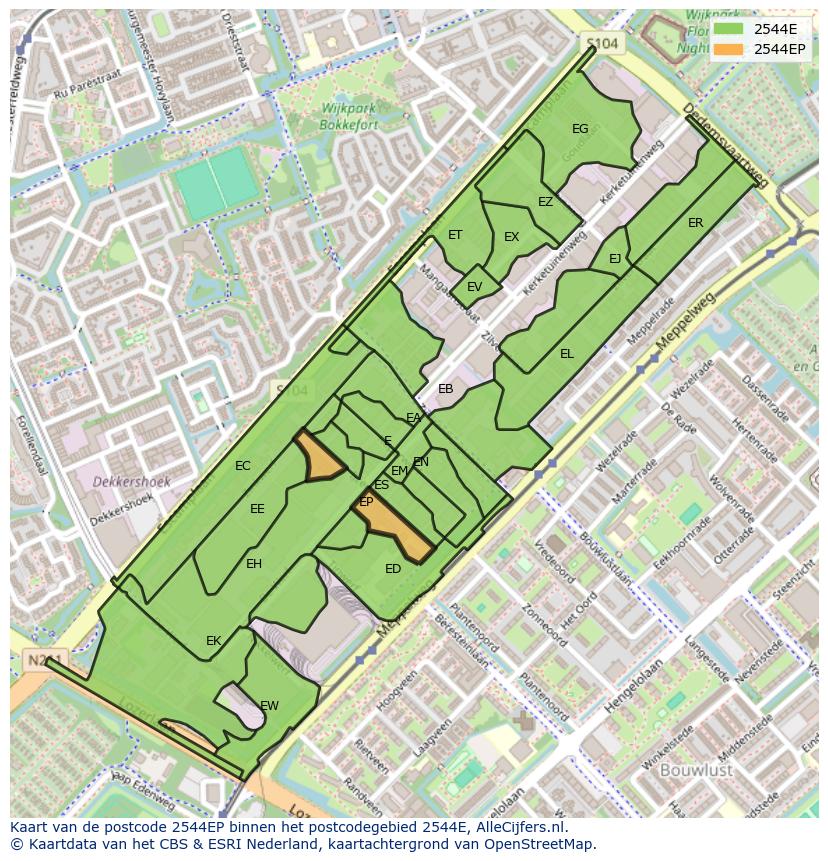 Afbeelding van het postcodegebied 2544 EP op de kaart.