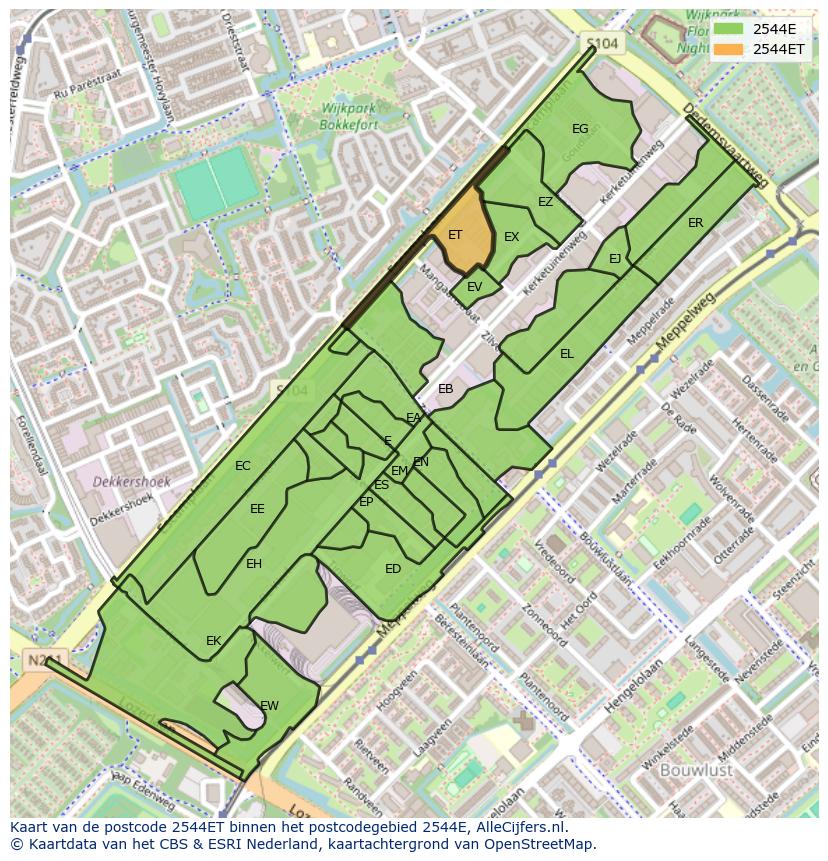 Afbeelding van het postcodegebied 2544 ET op de kaart.