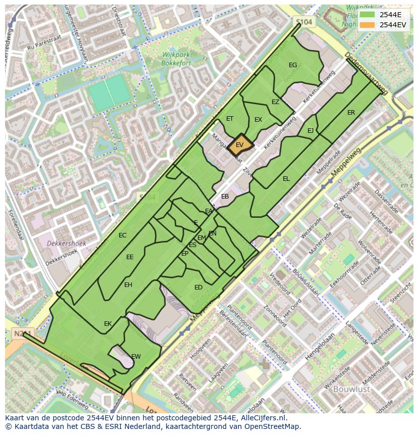 Afbeelding van het postcodegebied 2544 EV op de kaart.