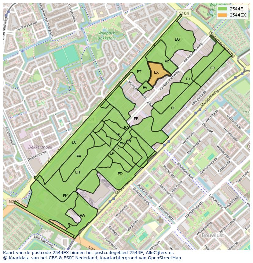 Afbeelding van het postcodegebied 2544 EX op de kaart.