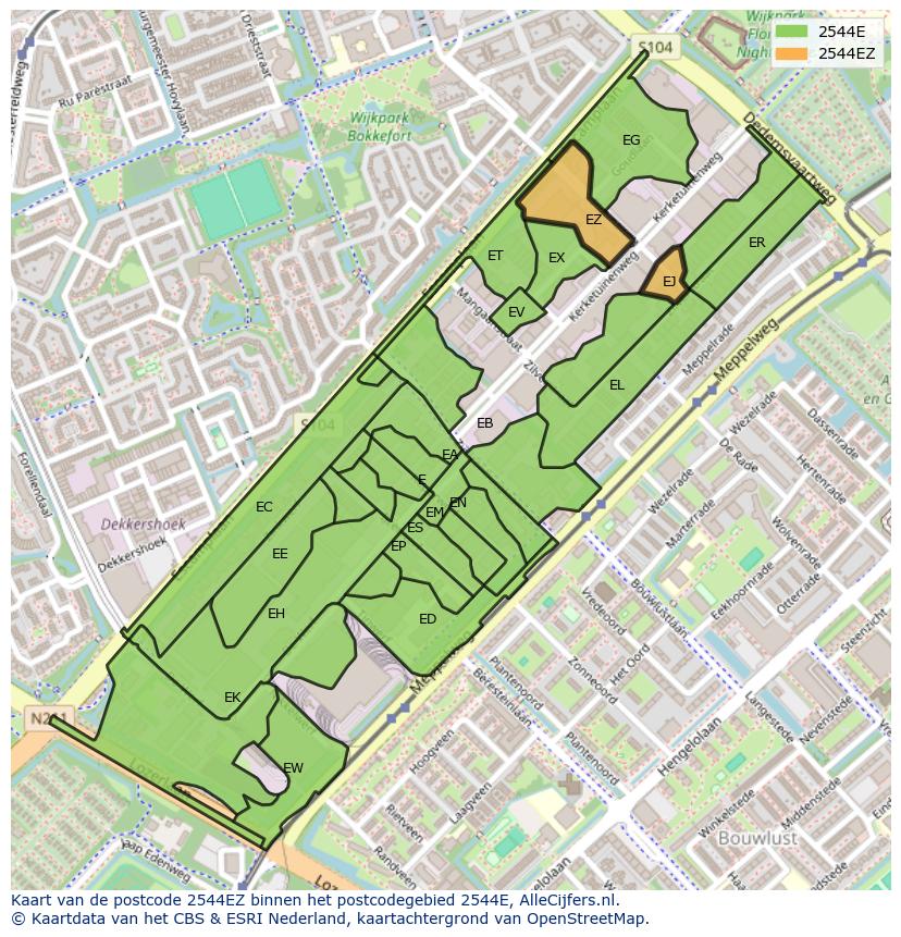 Afbeelding van het postcodegebied 2544 EZ op de kaart.