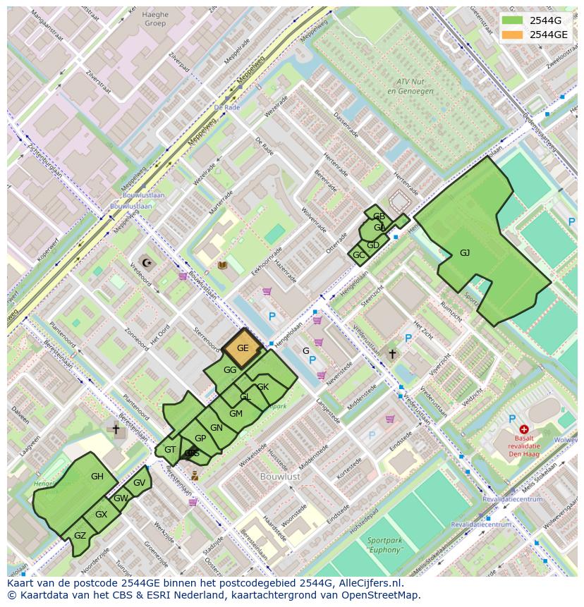 Afbeelding van het postcodegebied 2544 GE op de kaart.
