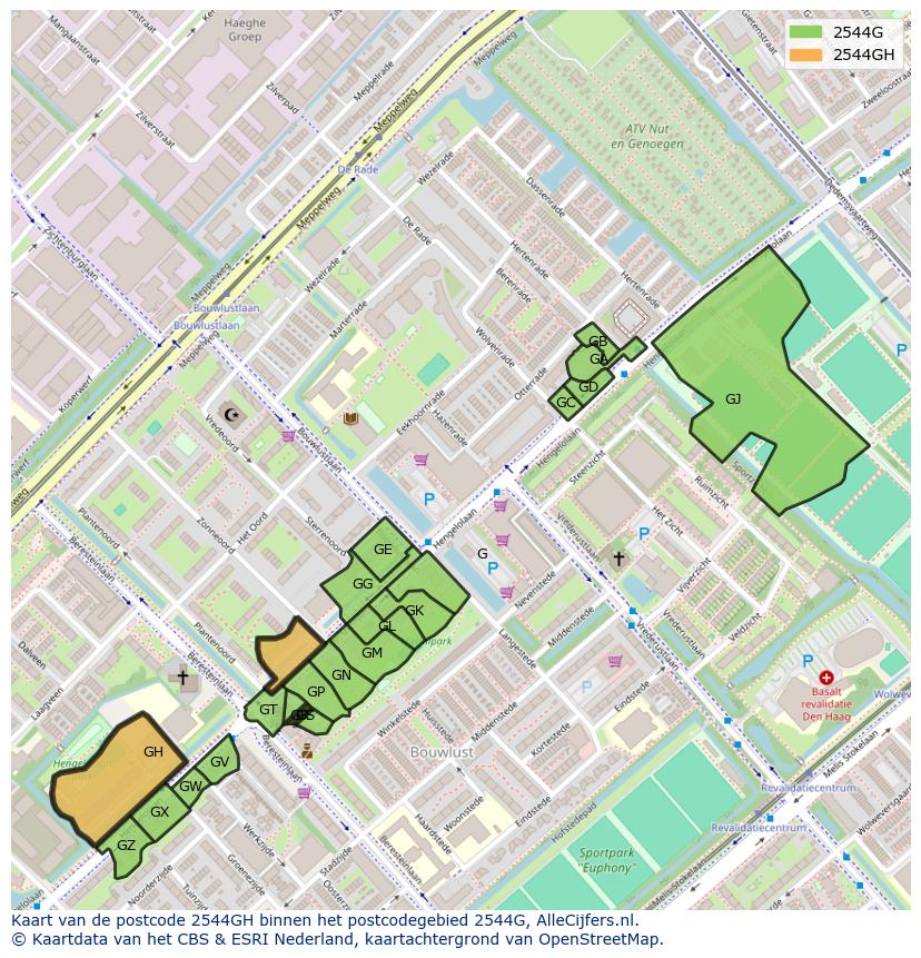 Afbeelding van het postcodegebied 2544 GH op de kaart.