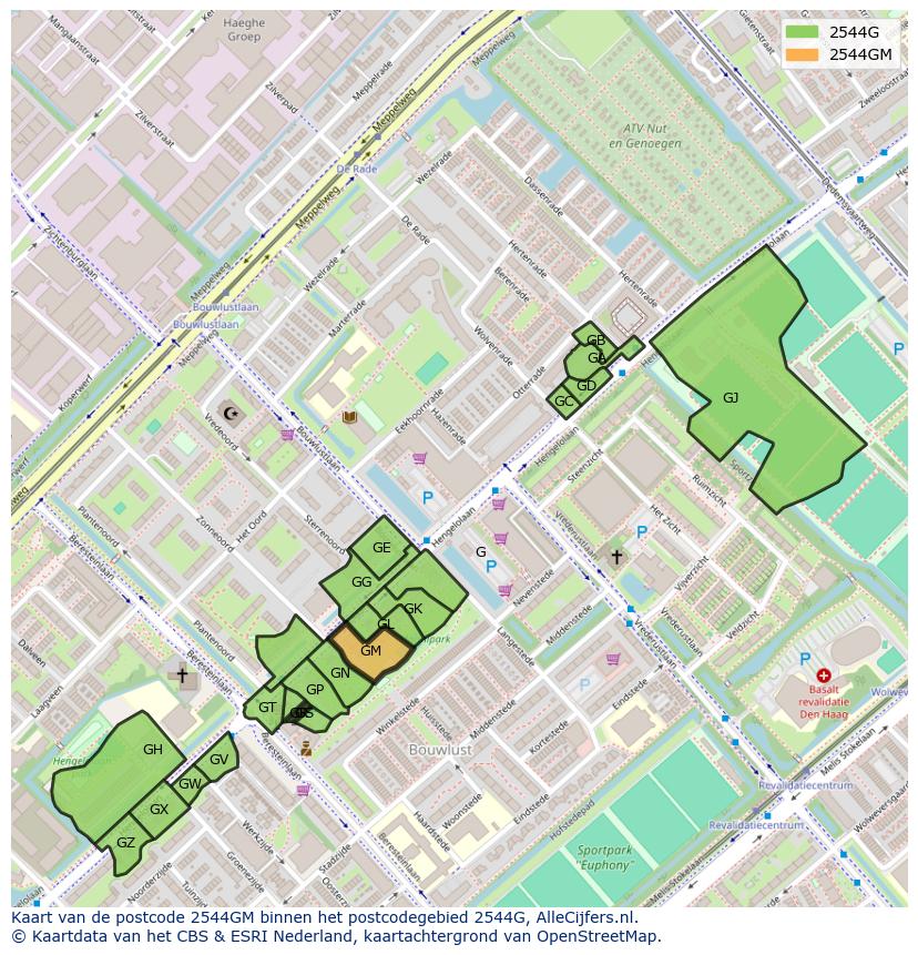 Afbeelding van het postcodegebied 2544 GM op de kaart.