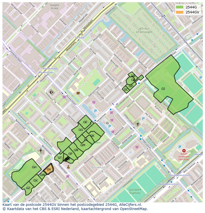 Afbeelding van het postcodegebied 2544 GV op de kaart.