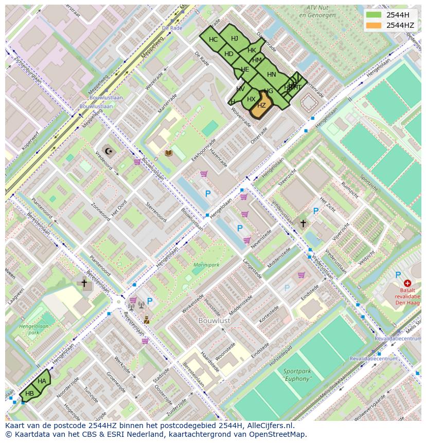 Afbeelding van het postcodegebied 2544 HZ op de kaart.