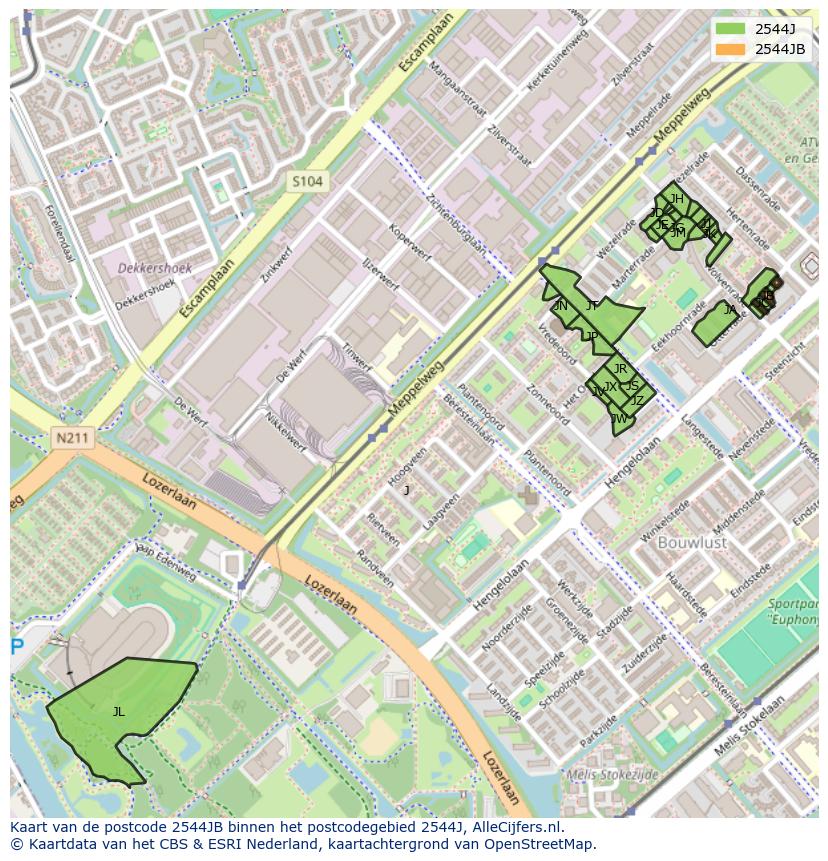 Afbeelding van het postcodegebied 2544 JB op de kaart.