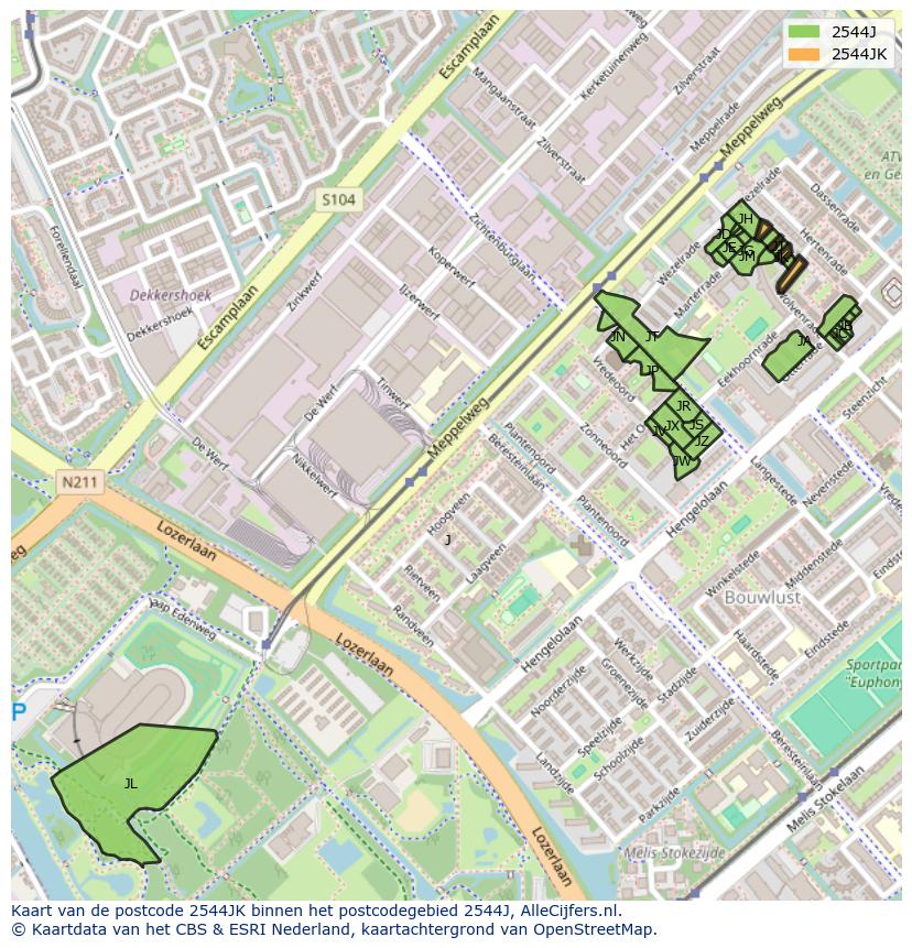 Afbeelding van het postcodegebied 2544 JK op de kaart.