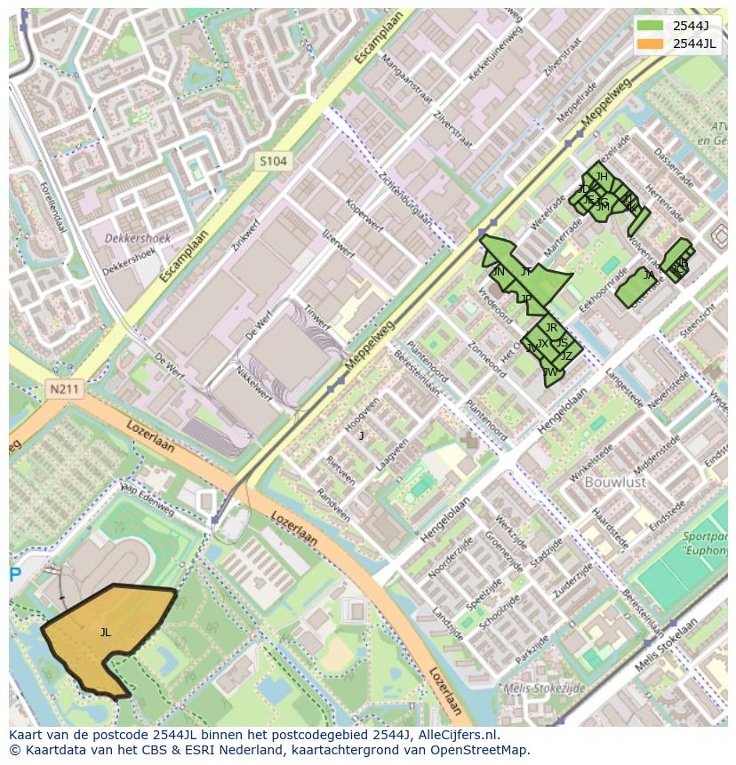 Afbeelding van het postcodegebied 2544 JL op de kaart.