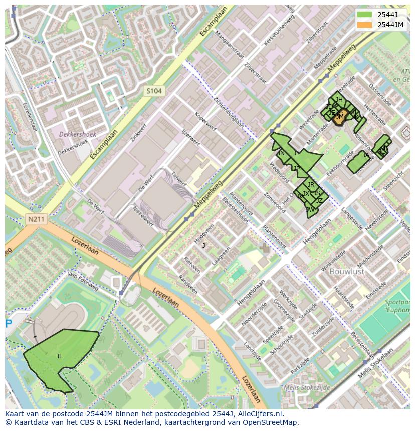 Afbeelding van het postcodegebied 2544 JM op de kaart.