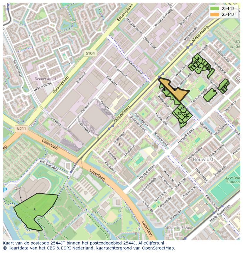 Afbeelding van het postcodegebied 2544 JT op de kaart.