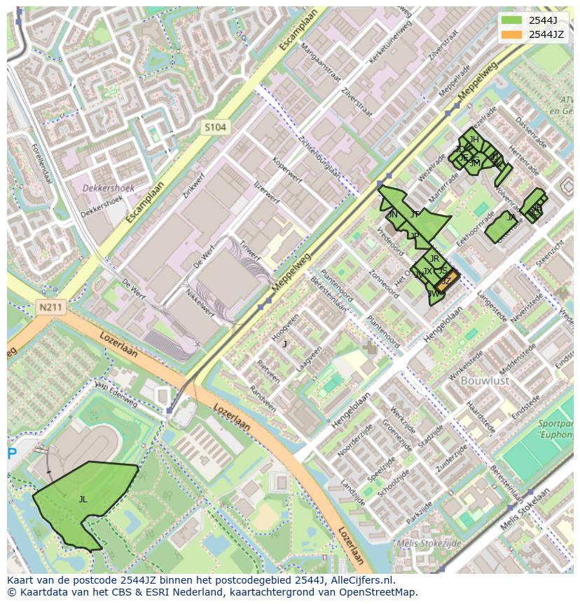 Afbeelding van het postcodegebied 2544 JZ op de kaart.