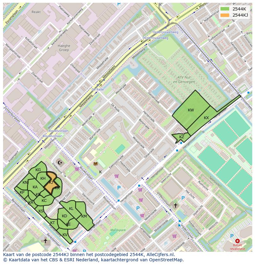 Afbeelding van het postcodegebied 2544 KJ op de kaart.