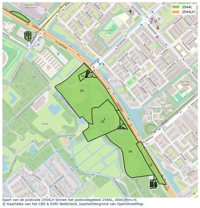 Afbeelding van het postcodegebied 2544 LH op de kaart.