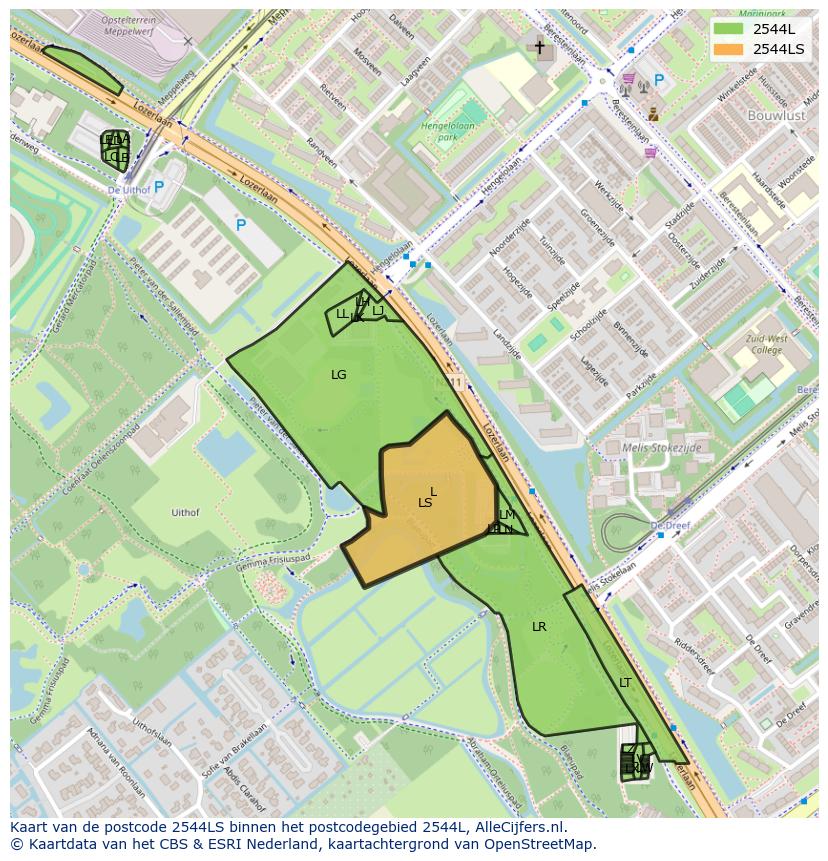 Afbeelding van het postcodegebied 2544 LS op de kaart.