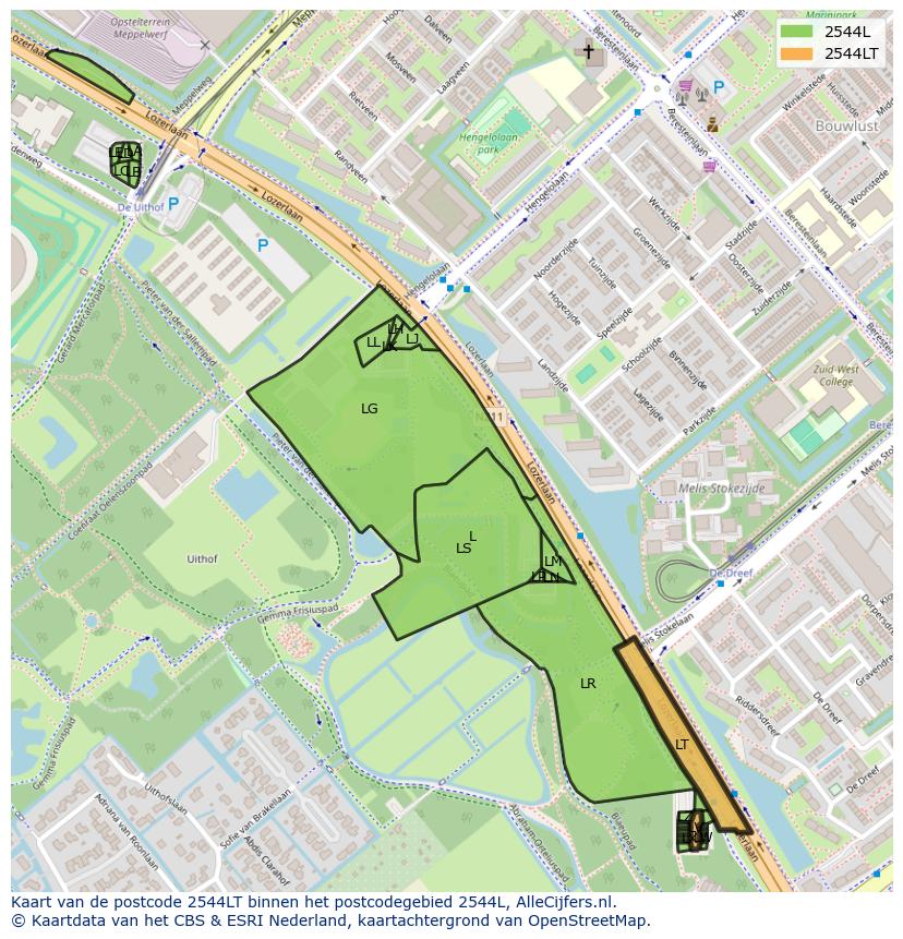 Afbeelding van het postcodegebied 2544 LT op de kaart.