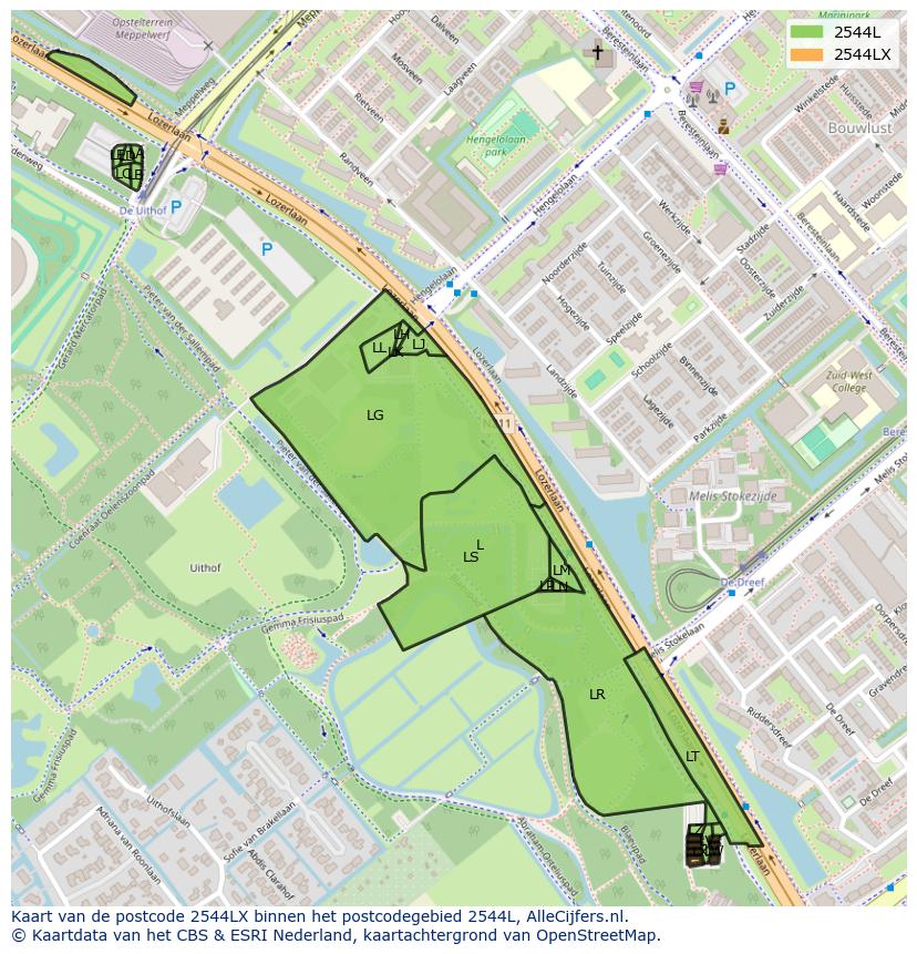 Afbeelding van het postcodegebied 2544 LX op de kaart.