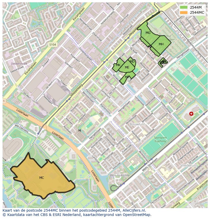 Afbeelding van het postcodegebied 2544 MC op de kaart.