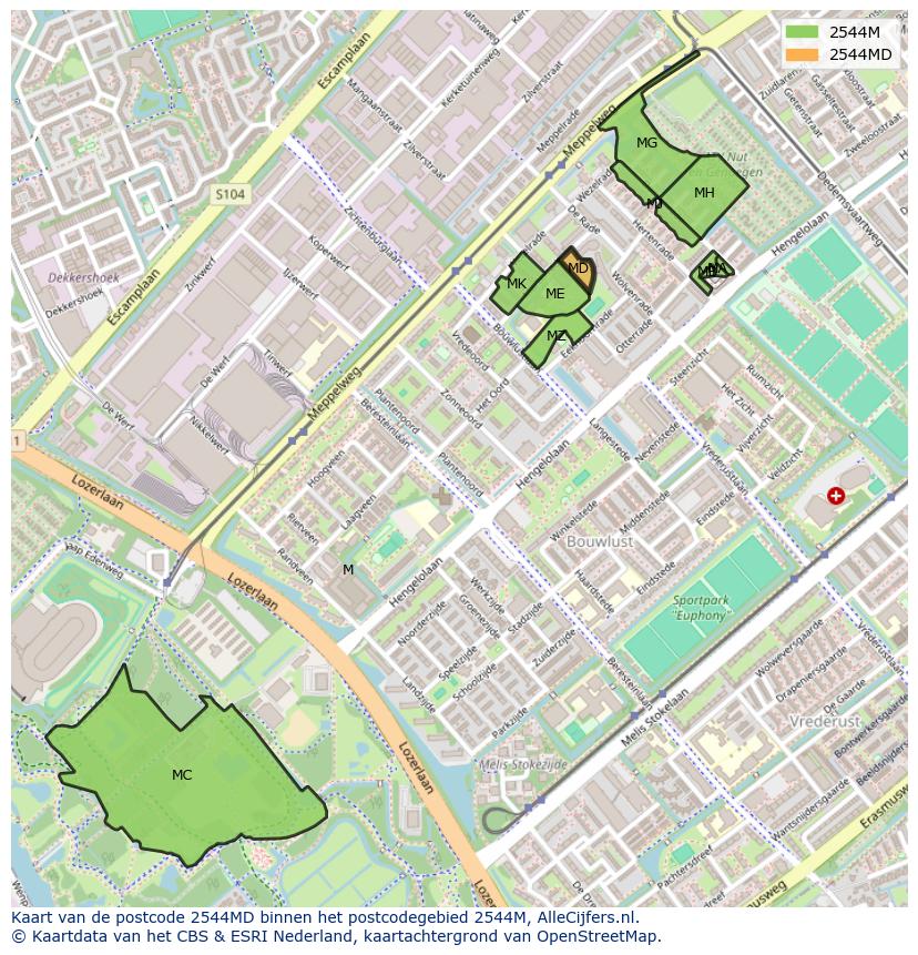 Afbeelding van het postcodegebied 2544 MD op de kaart.