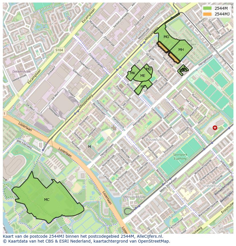 Afbeelding van het postcodegebied 2544 MJ op de kaart.
