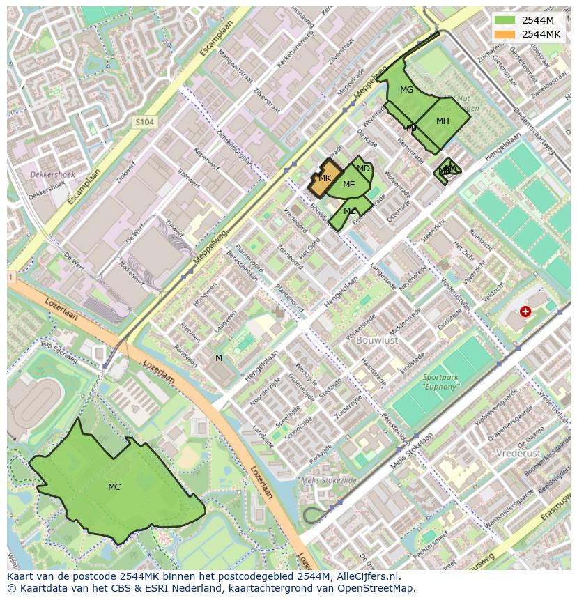 Afbeelding van het postcodegebied 2544 MK op de kaart.