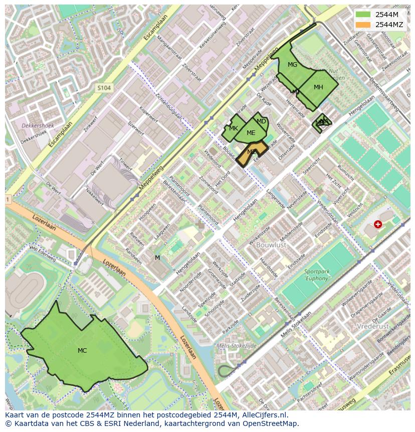 Afbeelding van het postcodegebied 2544 MZ op de kaart.