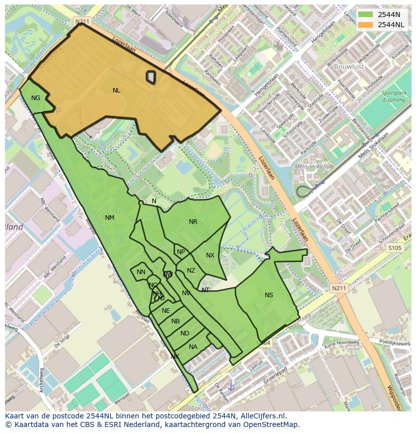Afbeelding van het postcodegebied 2544 NL op de kaart.