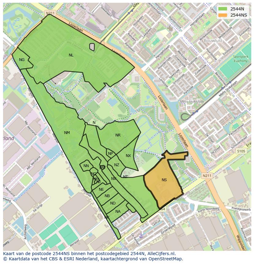 Afbeelding van het postcodegebied 2544 NS op de kaart.