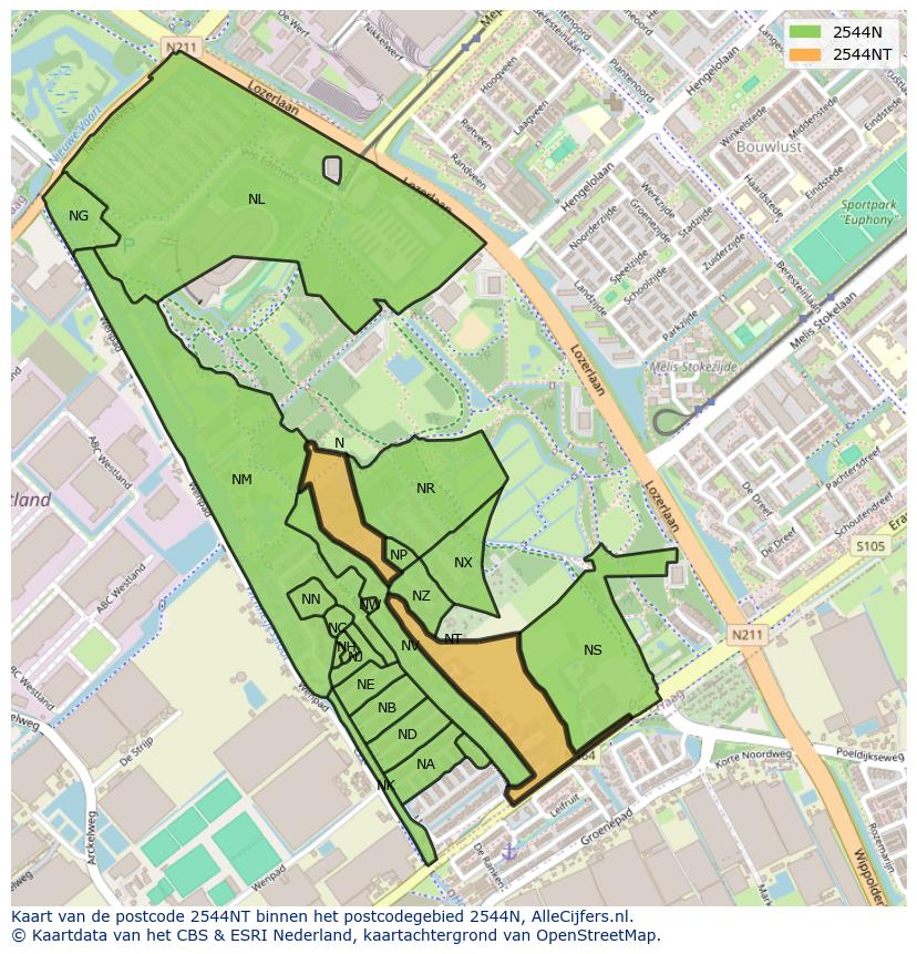 Afbeelding van het postcodegebied 2544 NT op de kaart.