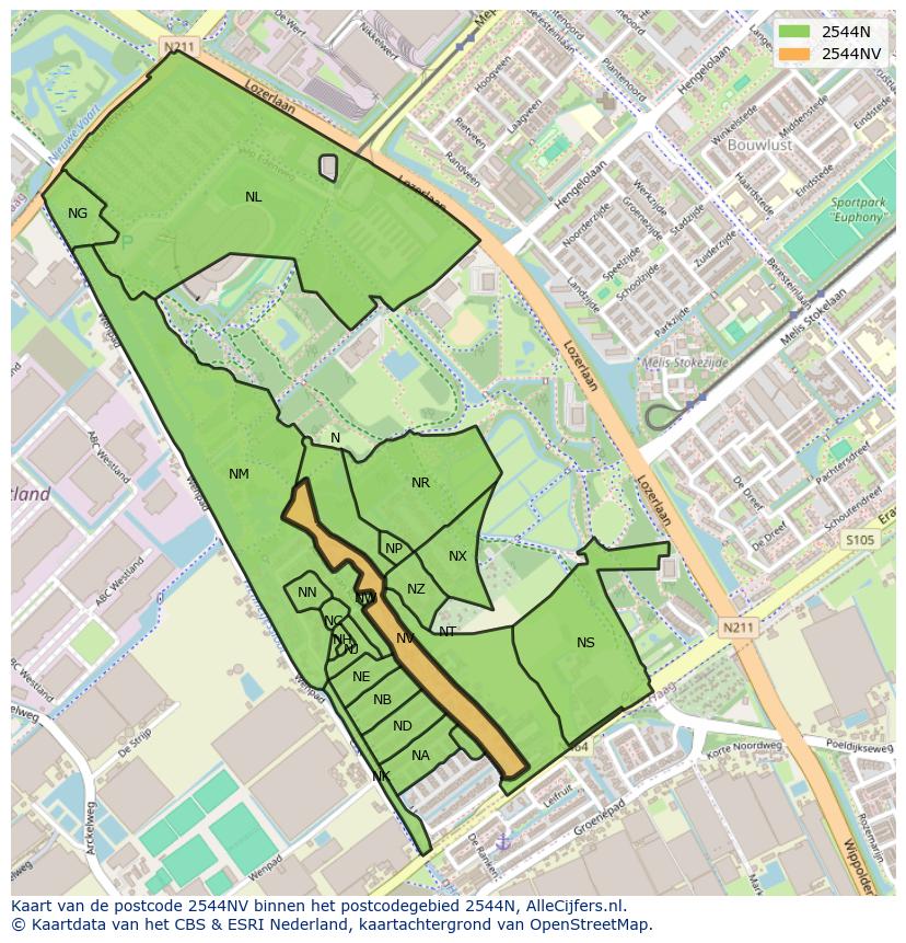Afbeelding van het postcodegebied 2544 NV op de kaart.