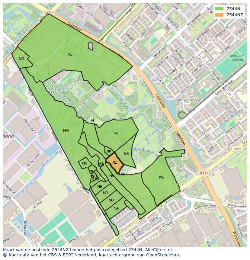Afbeelding van het postcodegebied 2544 NZ op de kaart.