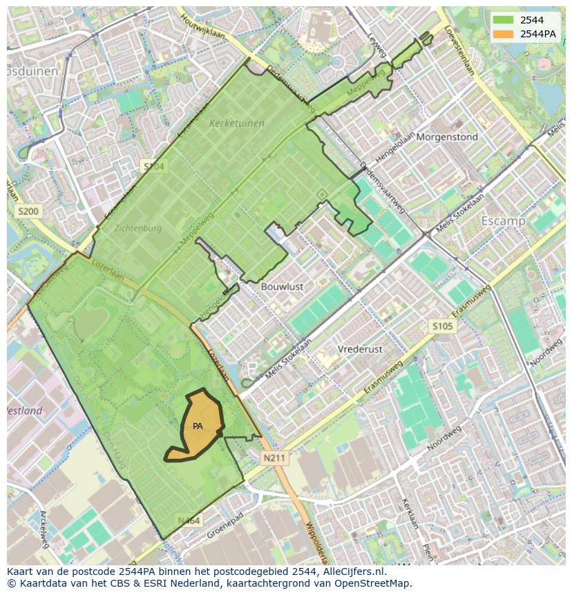 Afbeelding van het postcodegebied 2544 PA op de kaart.