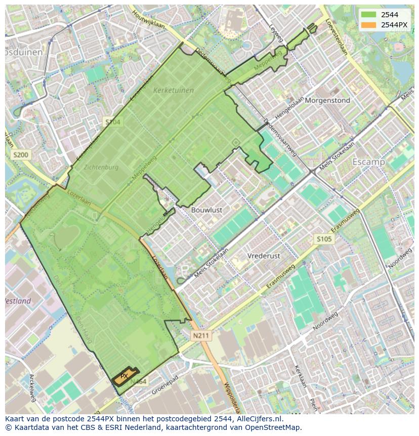Afbeelding van het postcodegebied 2544 PX op de kaart.