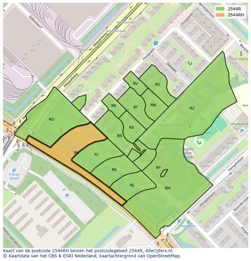 Afbeelding van het postcodegebied 2544 RH op de kaart.