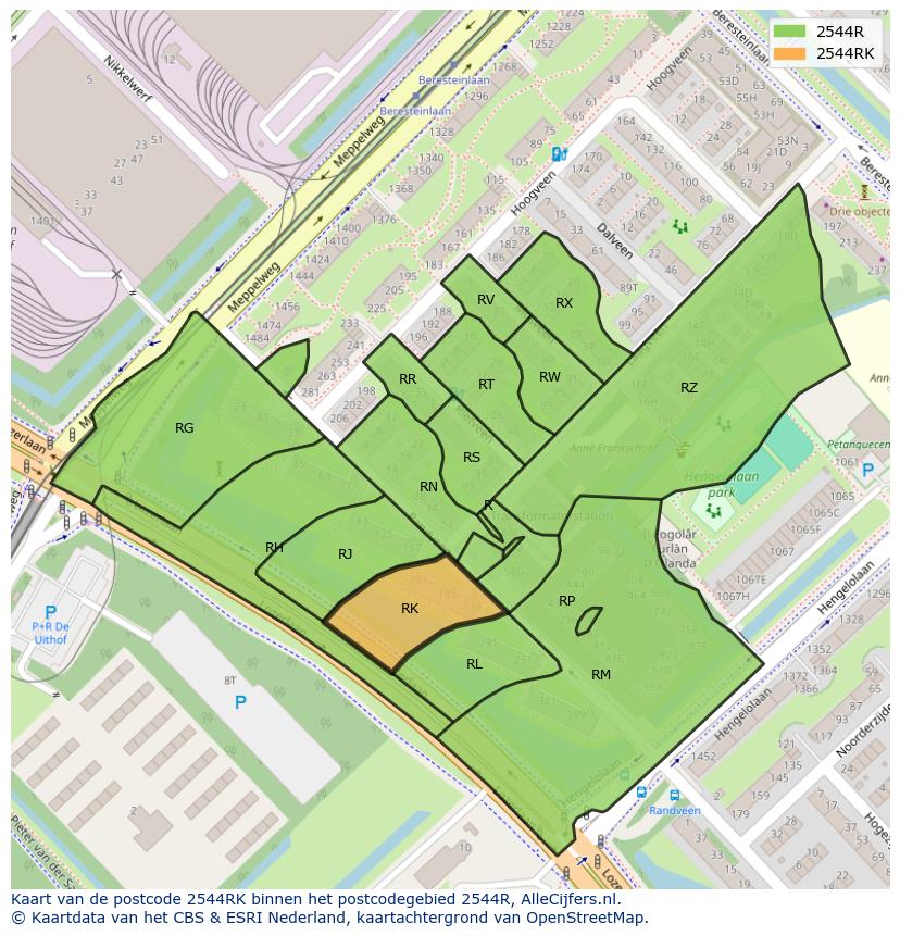 Afbeelding van het postcodegebied 2544 RK op de kaart.