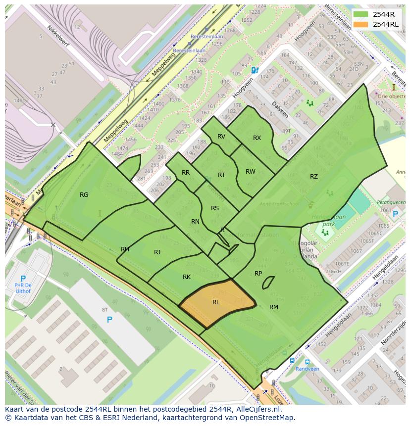 Afbeelding van het postcodegebied 2544 RL op de kaart.