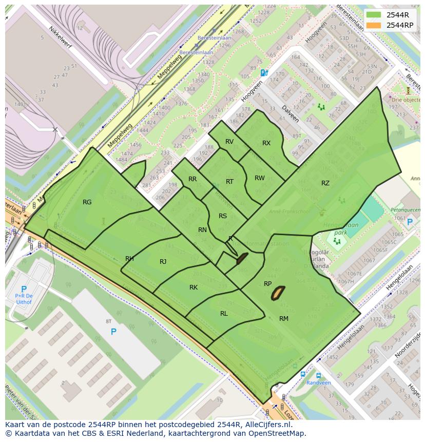 Afbeelding van het postcodegebied 2544 RP op de kaart.
