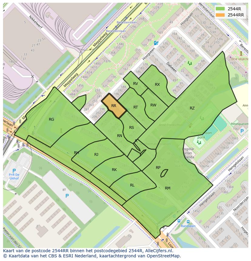 Afbeelding van het postcodegebied 2544 RR op de kaart.
