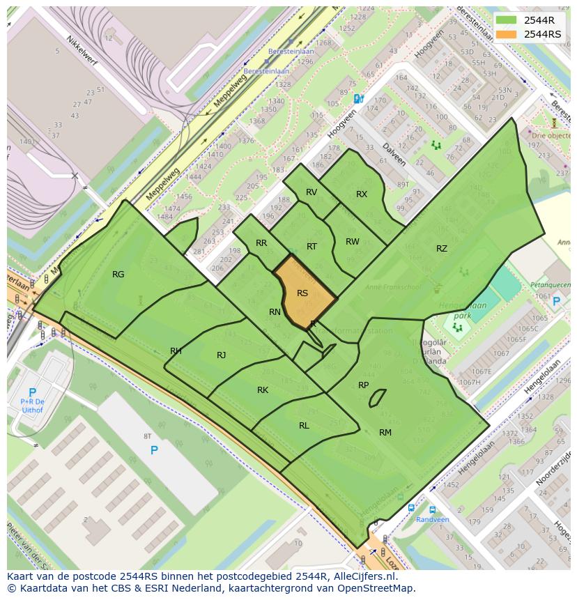 Afbeelding van het postcodegebied 2544 RS op de kaart.