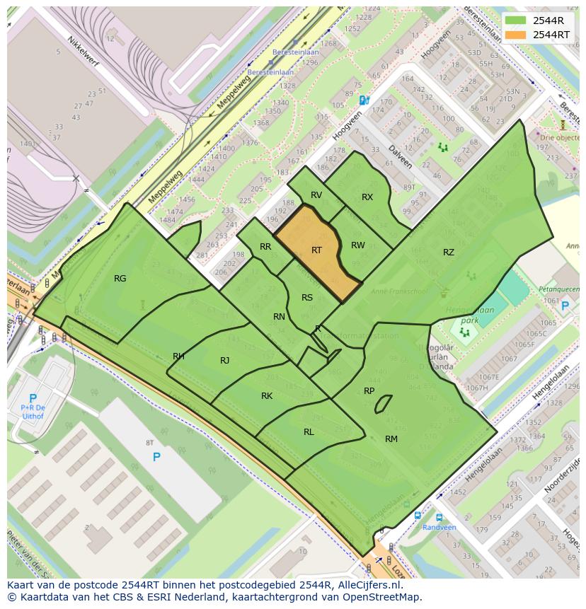 Afbeelding van het postcodegebied 2544 RT op de kaart.