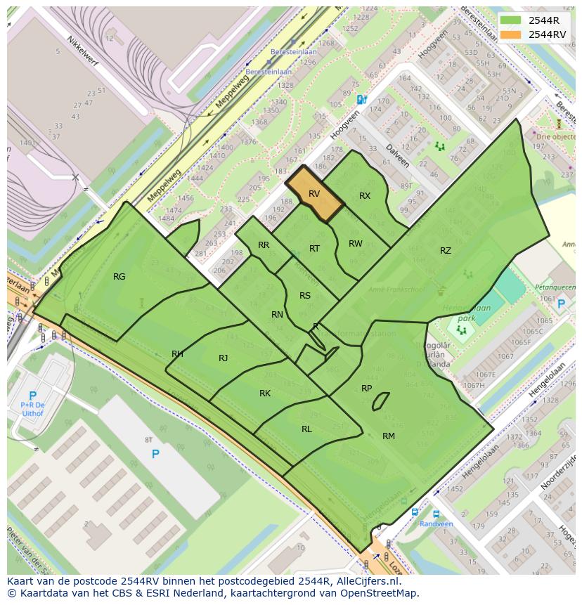 Afbeelding van het postcodegebied 2544 RV op de kaart.