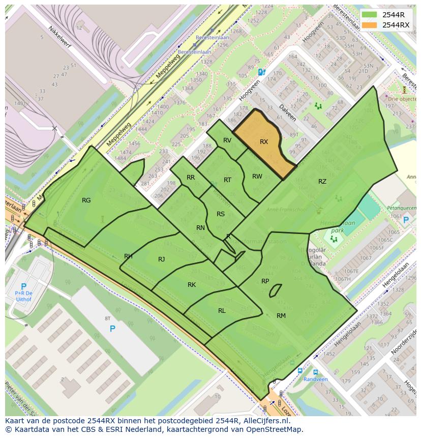 Afbeelding van het postcodegebied 2544 RX op de kaart.