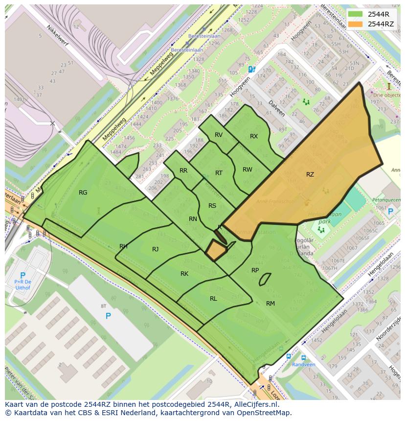 Afbeelding van het postcodegebied 2544 RZ op de kaart.