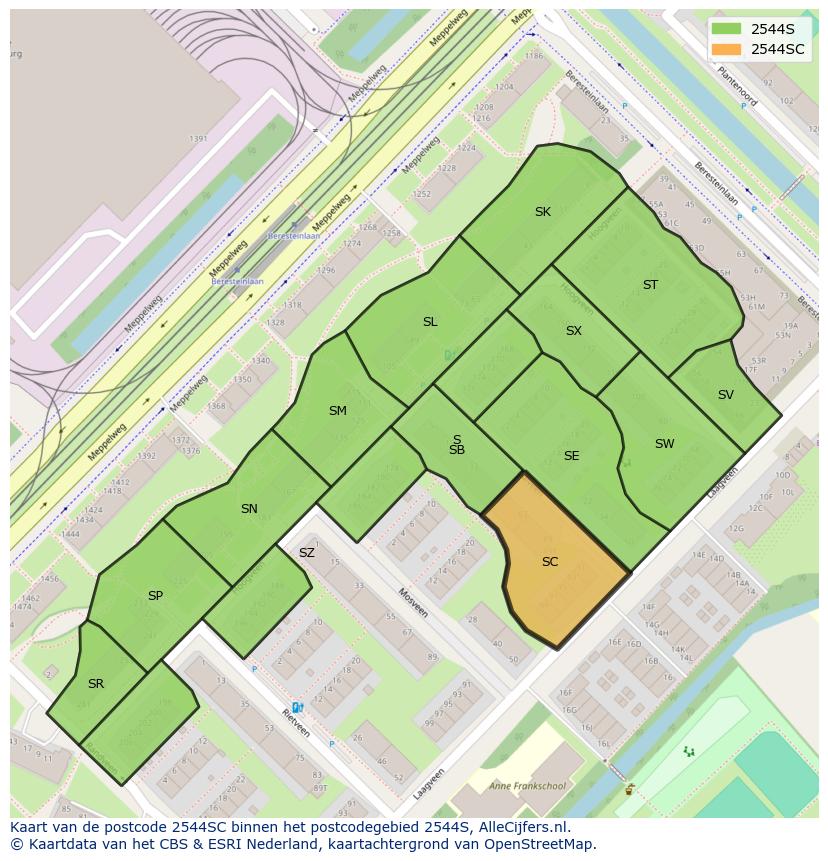 Afbeelding van het postcodegebied 2544 SC op de kaart.
