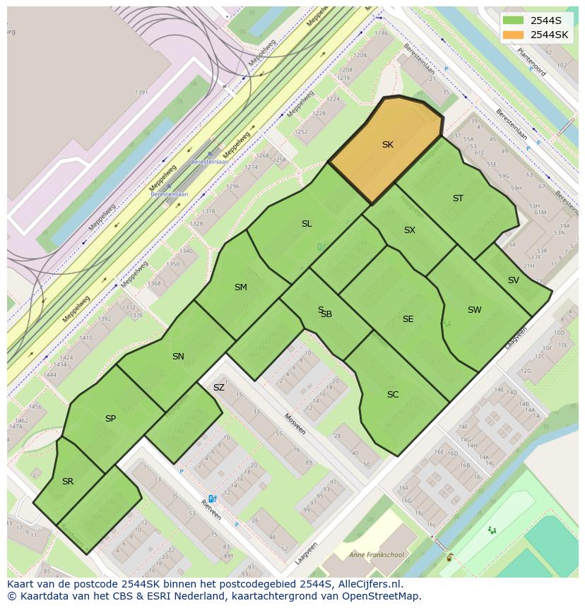 Afbeelding van het postcodegebied 2544 SK op de kaart.