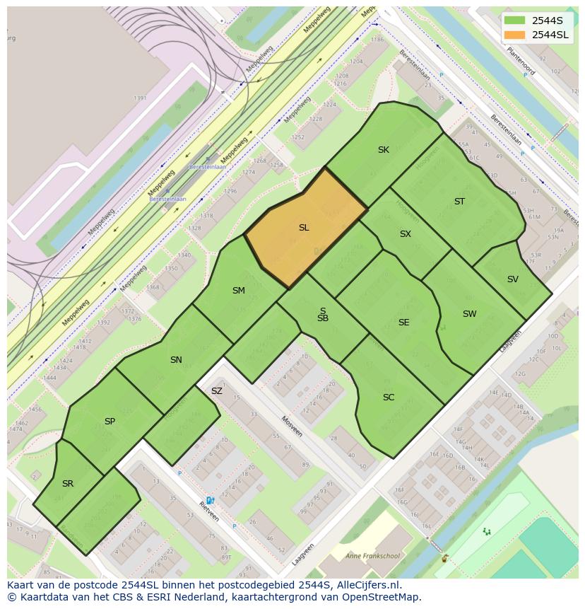 Afbeelding van het postcodegebied 2544 SL op de kaart.