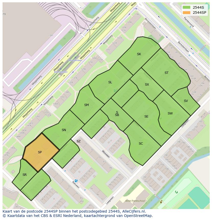 Afbeelding van het postcodegebied 2544 SP op de kaart.