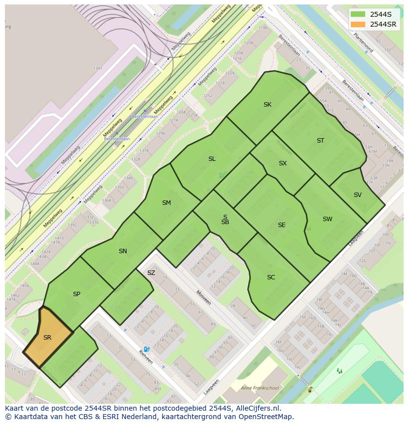 Afbeelding van het postcodegebied 2544 SR op de kaart.