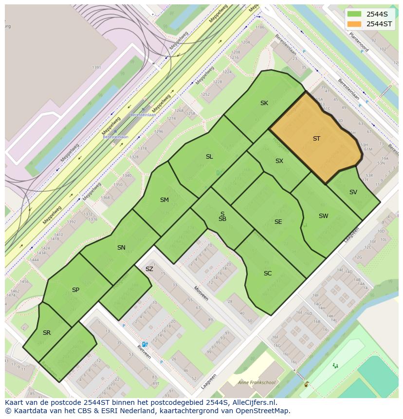 Afbeelding van het postcodegebied 2544 ST op de kaart.